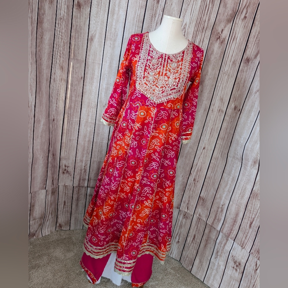 Elegant Pink and Orange Embroidered Anarkali Dress | Indian Dress